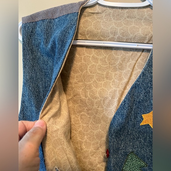 Artisan made denim vest with wilderness appliqué. Gingham tweed look to back. - Picture 5 of 5